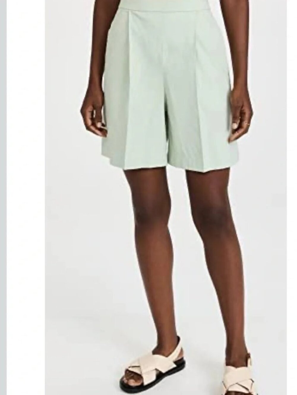 Theory Shorts Bermuda Linen High Rise Pleated Pull On Stretch 7" Green NWT Small